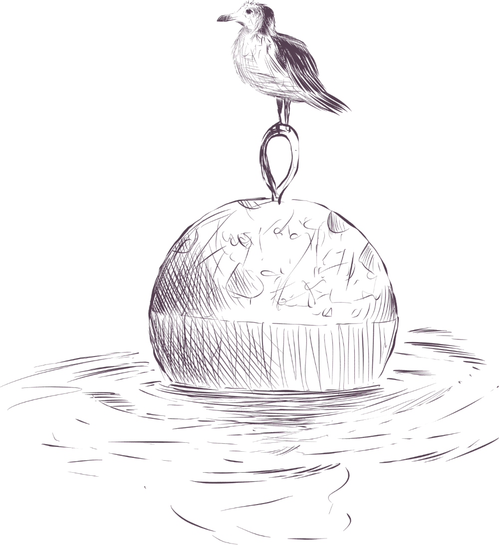 Ilustração de um pássaro sobre uma boia, boiando sobre a água